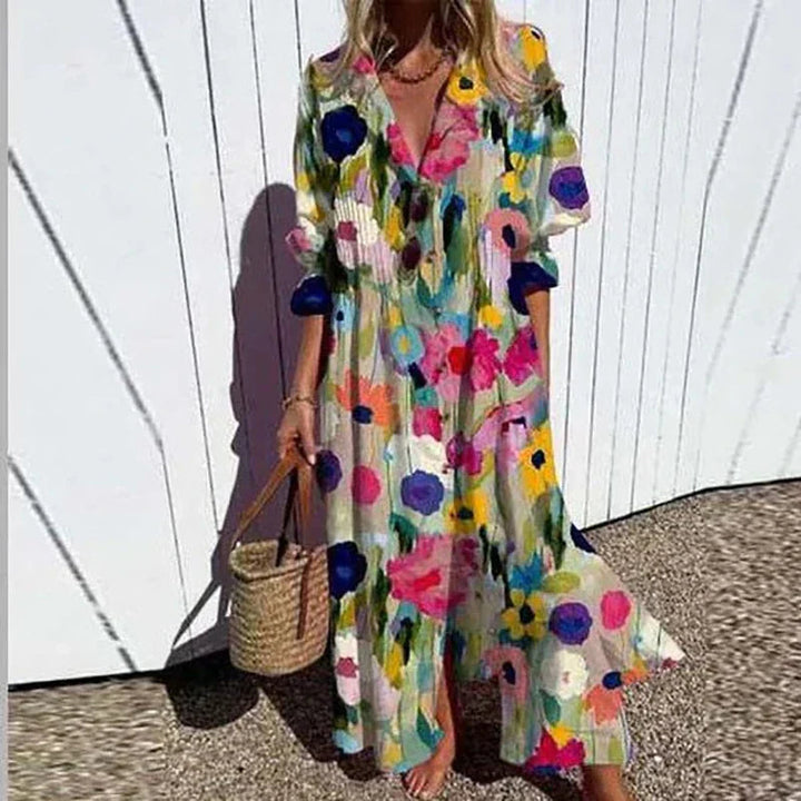 Robe longue bohème Clémence pour femmes | Imprimé coloré, col en V, été 0