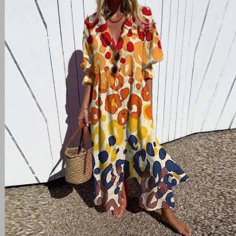 Robe longue bohème Clémence pour femmes | Imprimé coloré, col en V, été 1