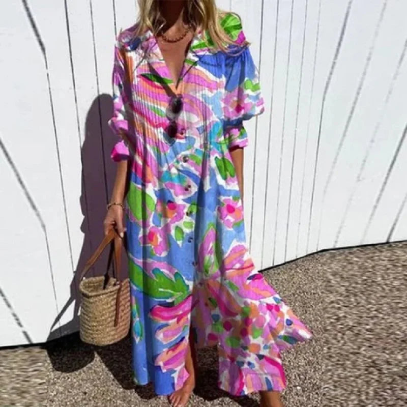 Robe longue bohème Clémence pour femmes | Imprimé coloré, col en V, été 2