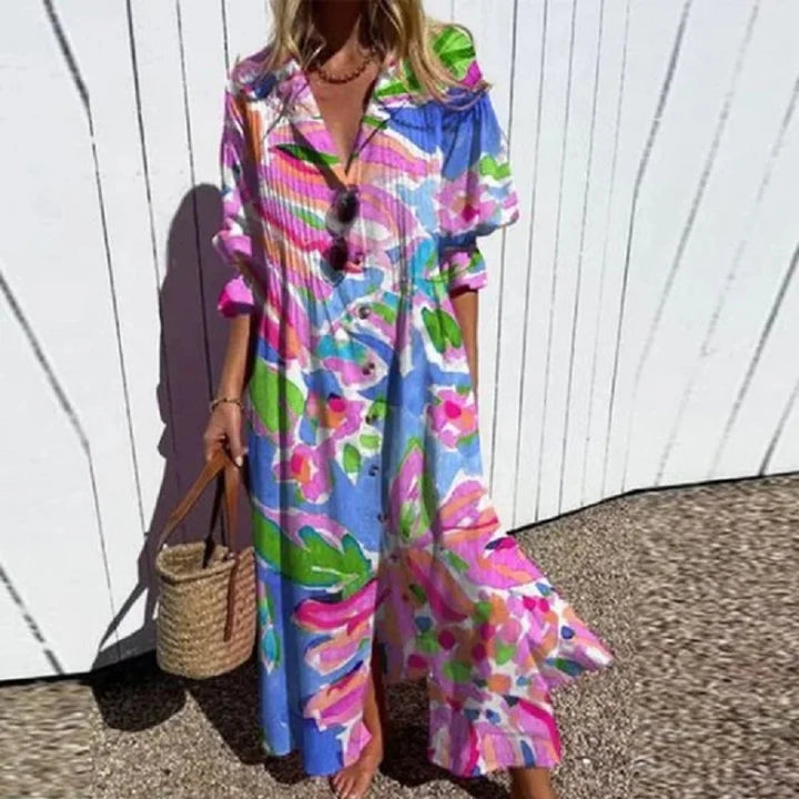 Robe longue bohème Clémence pour femmes | Imprimé coloré, col en V, été 2