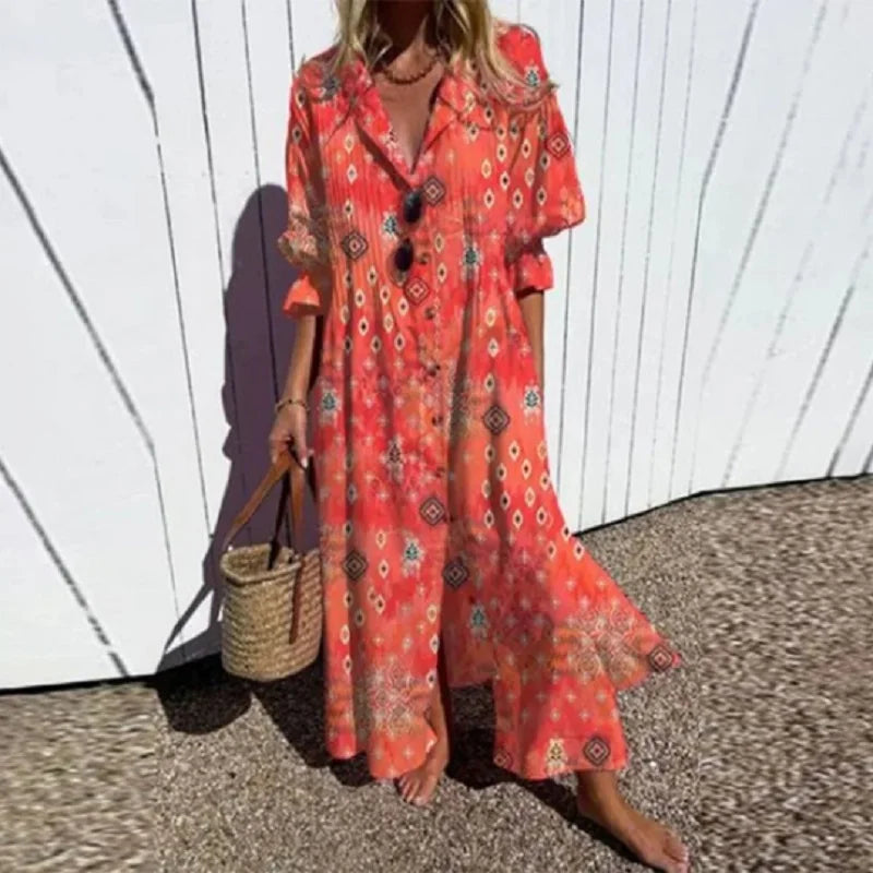 Robe longue bohème Clémence pour femmes | Imprimé coloré, col en V, été 3