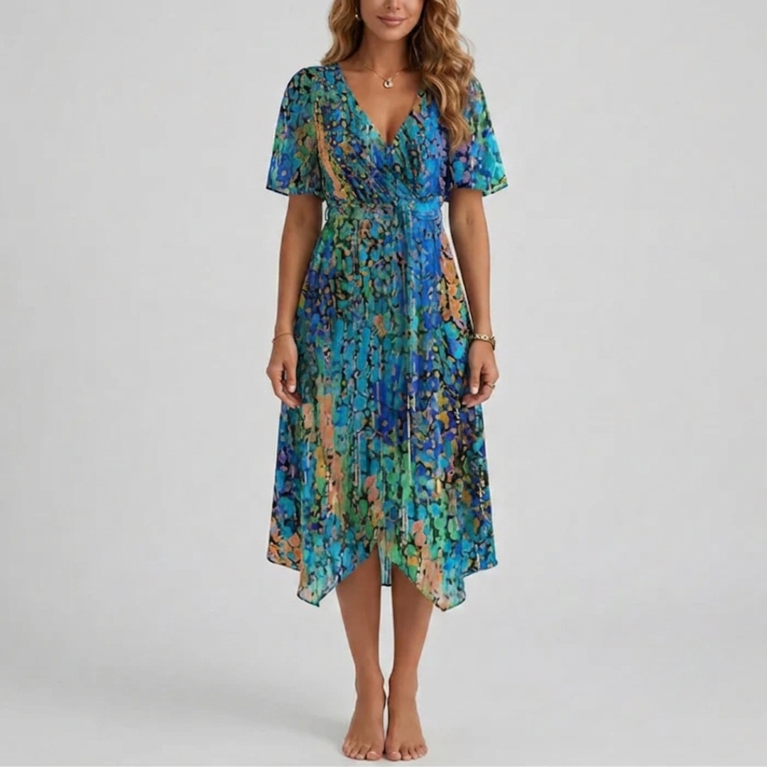 Robe midi Lucine | Imprimé floral, col V, coupe portefeuille, manches courtes 2