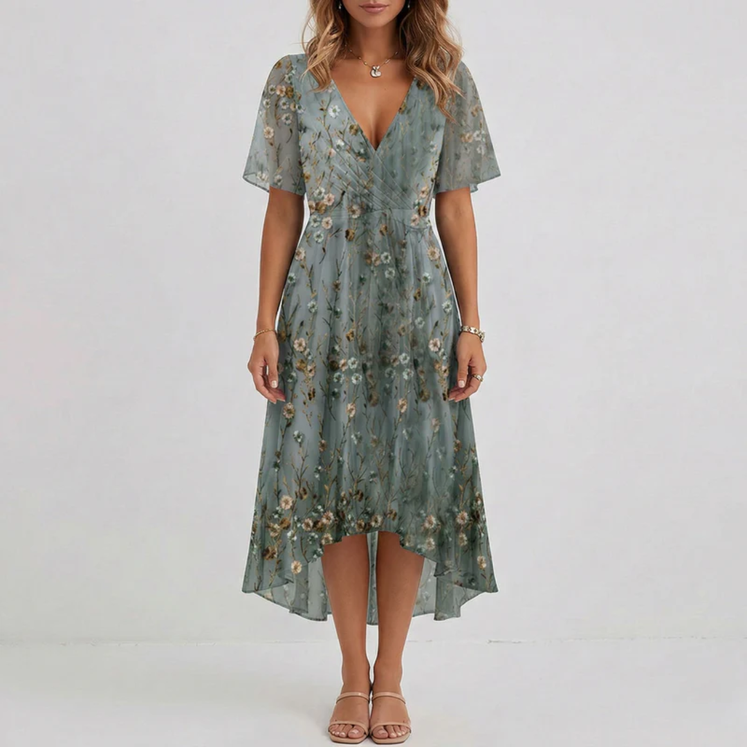 Robe midi Lucine | Imprimé floral, col V, coupe portefeuille, manches courtes 4