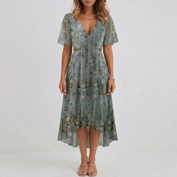 Robe midi Lucine | Imprimé floral, col V, coupe portefeuille, manches courtes 4