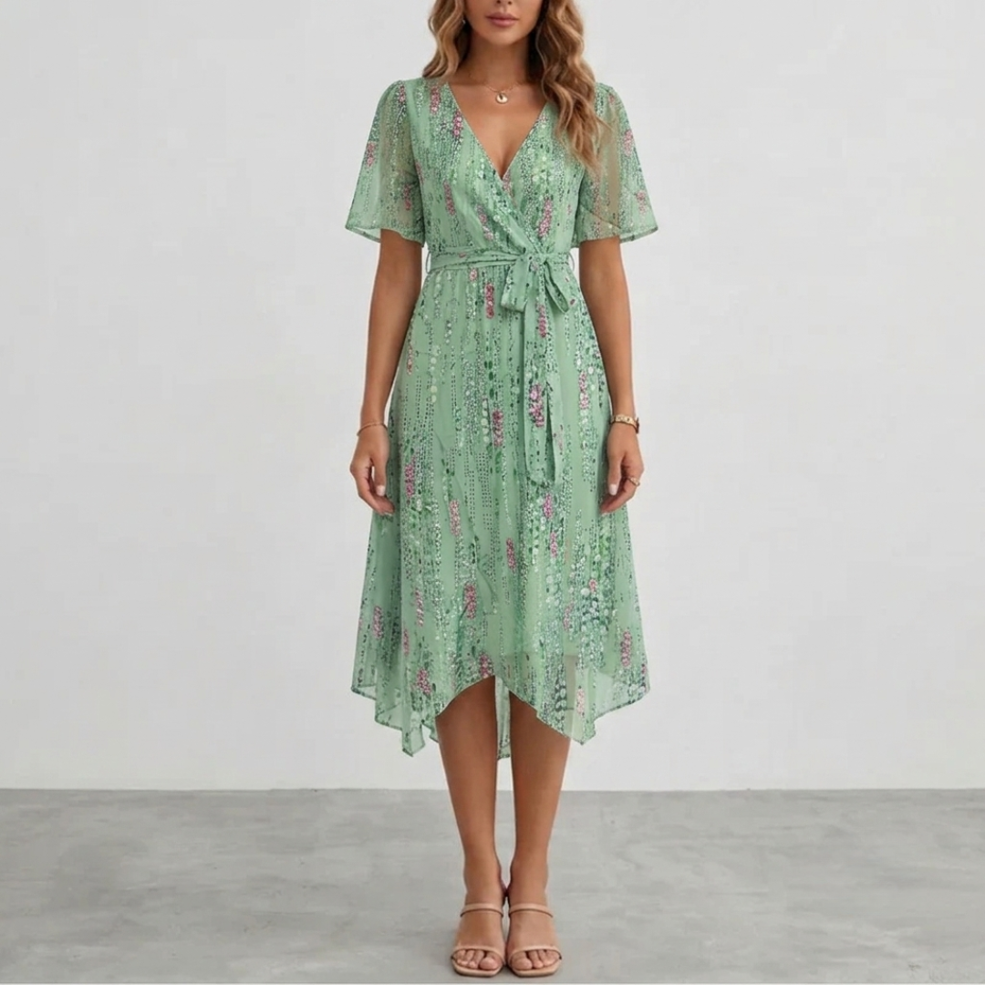 Robe midi Lucine | Imprimé floral, col V, coupe portefeuille, manches courtes 6
