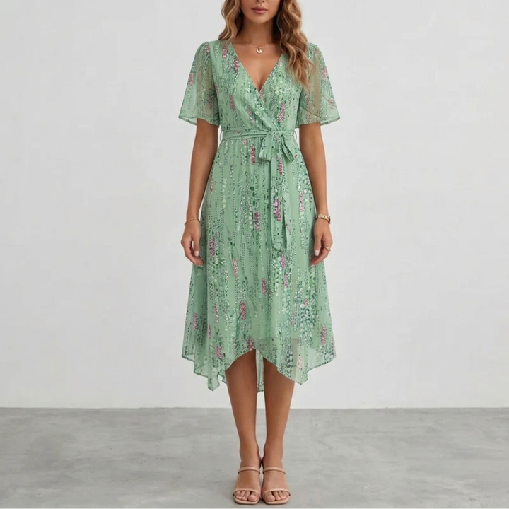 Robe midi Lucine | Imprimé floral, col V, coupe portefeuille, manches courtes 6