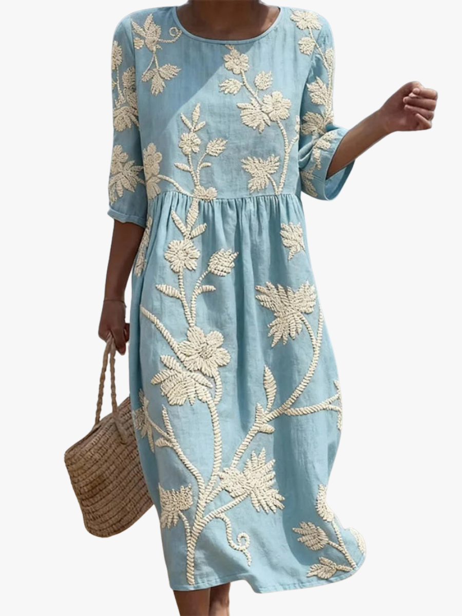 Robe midi Mira | Broderie florale, coupe fluide en lin et coton 1