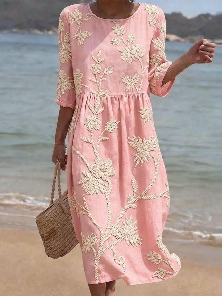 Robe midi Mira | Broderie florale, coupe fluide en lin et coton 2