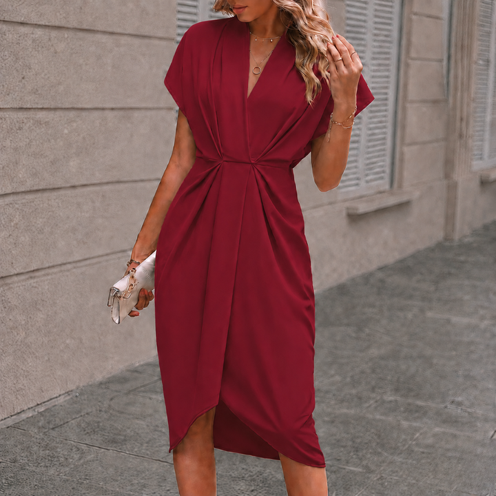 Robe midi Nora | Col V profond, taille torsadée, manches papillon, élégante pour femme 12