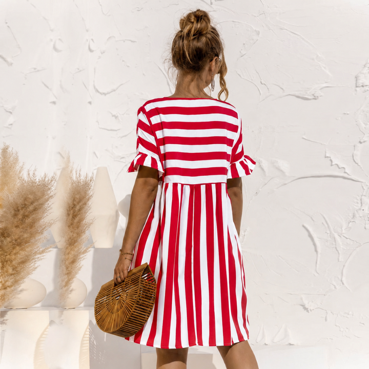Robe midi Sienna | Rayée, col rond & manches volantées pour femme 7