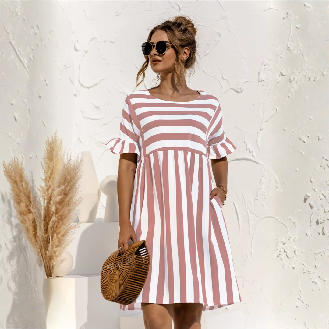 Robe midi Sienna | Rayée, col rond & manches volantées pour femme 8