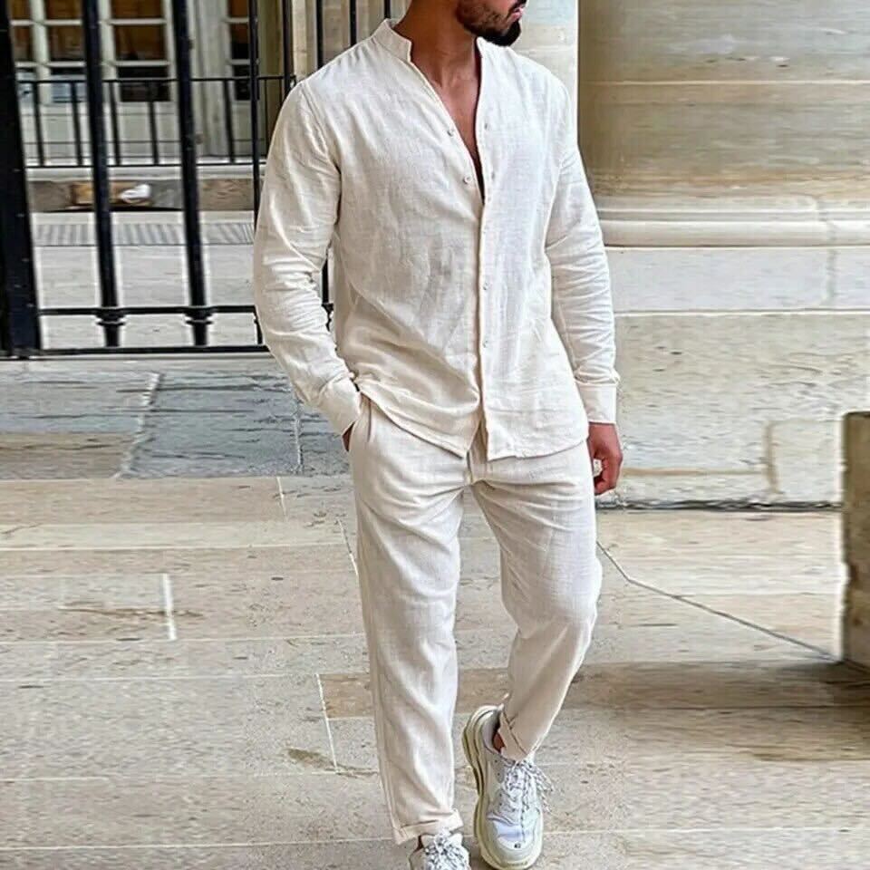 Tenue en lin Mathis | Chemise à manches courtes et pantalon assorti, élégance décontractée pour homme 0