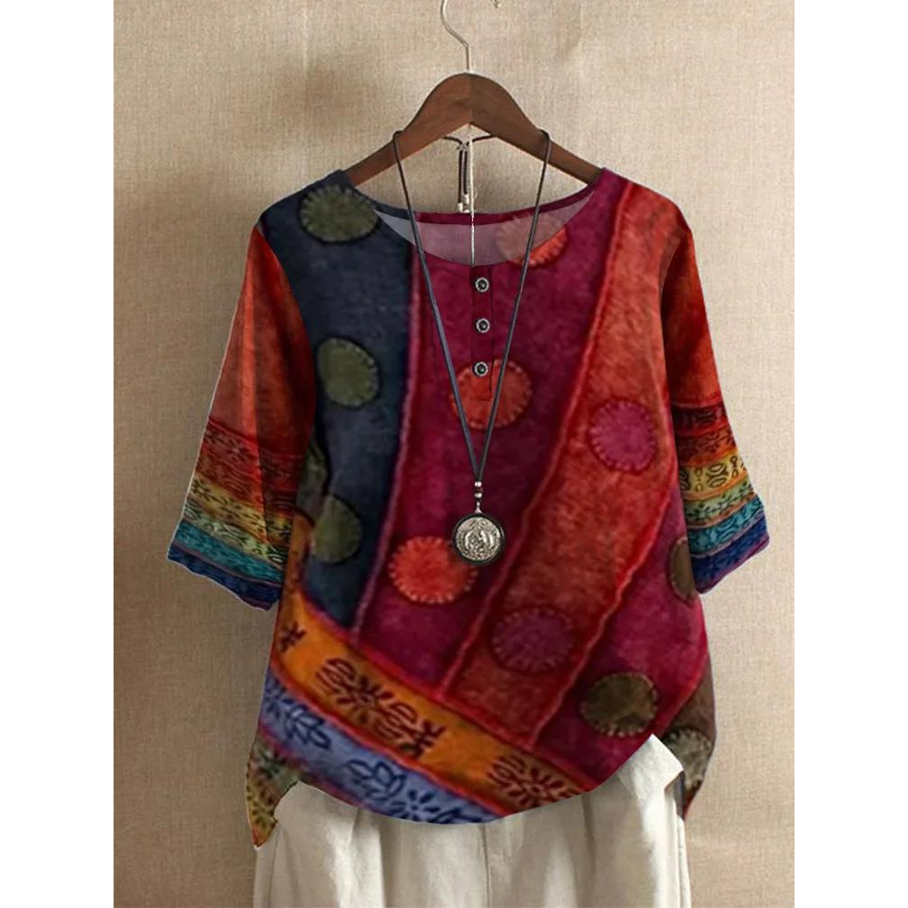 Valarie Haut bohémien | Patchwork coloré, manches courtes, coupe flatteuse 0
