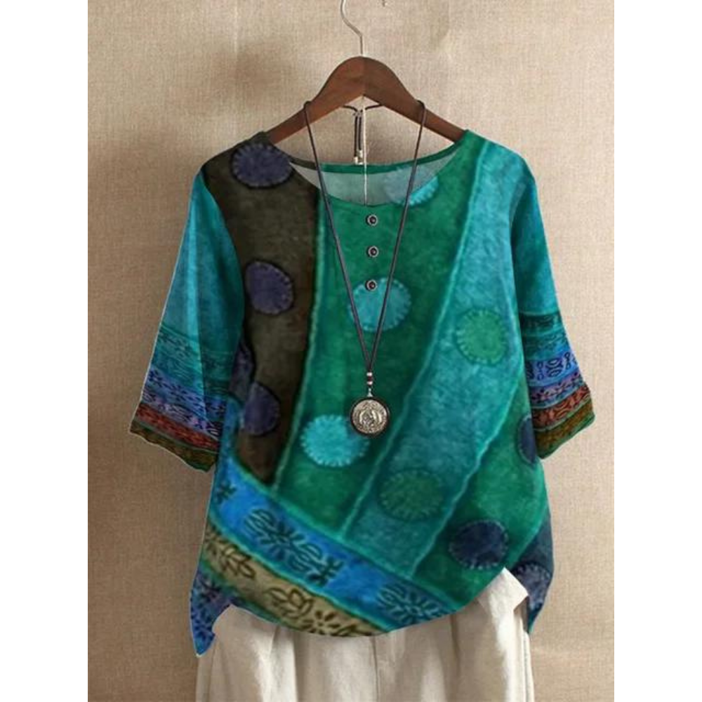 Valarie Haut bohémien | Patchwork coloré, manches courtes, coupe flatteuse 1