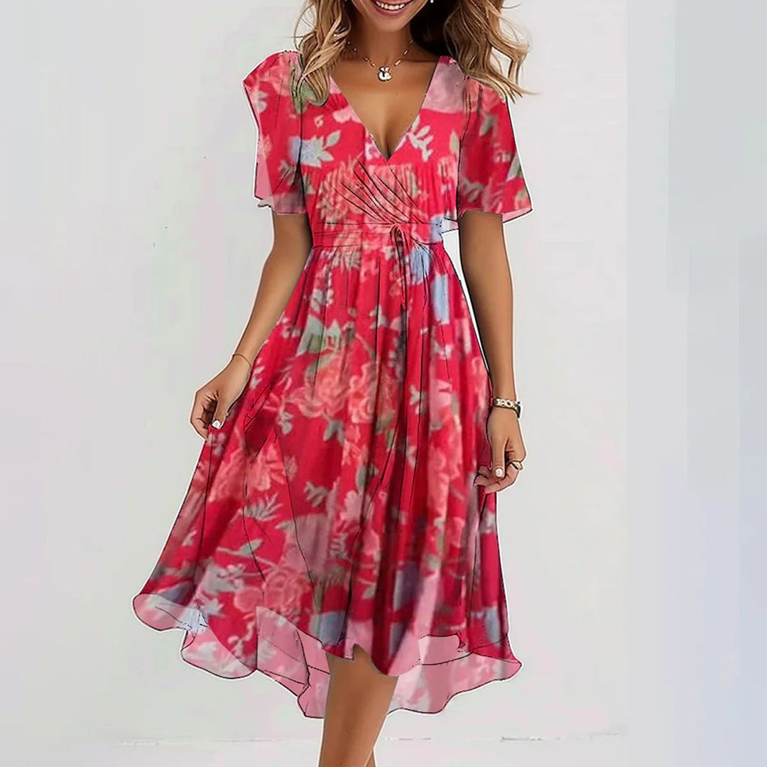 Robe Midi Florale Inès | Col V, Manches Courtes, Taille Marquée 6