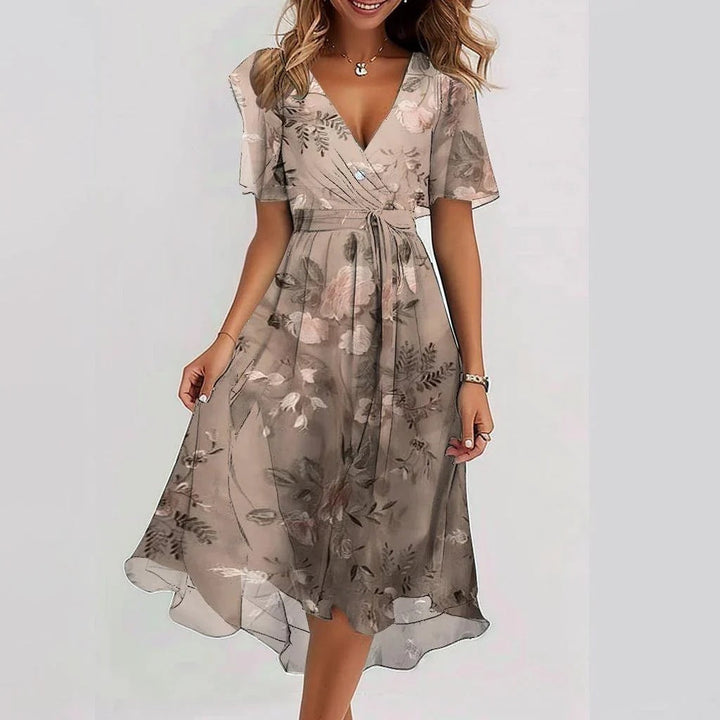 Robe Midi Florale Inès | Col V, Manches Courtes, Taille Marquée 7