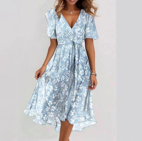 Robe Midi Florale Inès | Col V, Manches Courtes, Taille Marquée 0