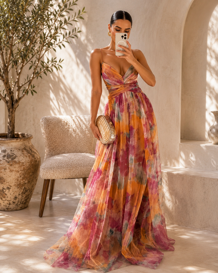 Robe Aquarelle Sarah | Maxi Fluide, Imprimé Artistique, Été 0