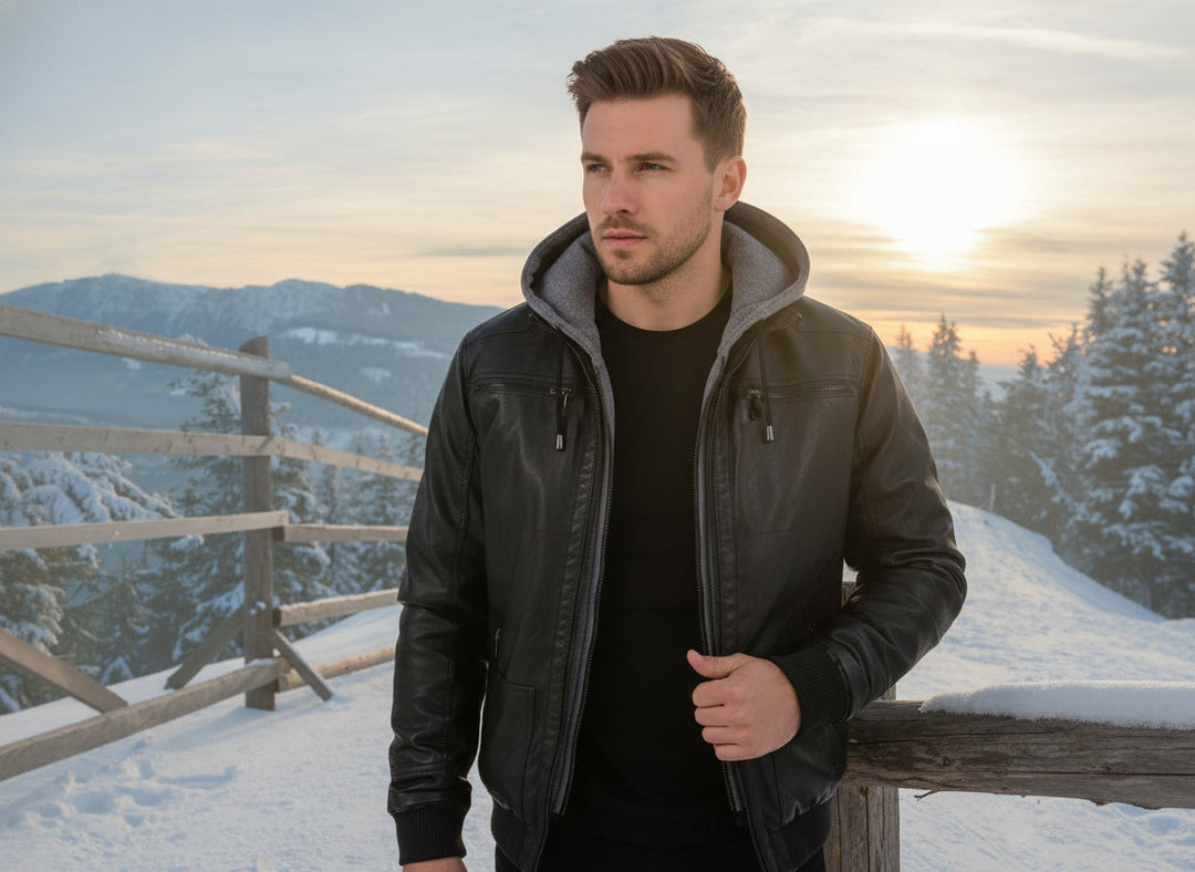 Veste en Cuir Léo | Homme, Cuir Premium, Capuche Contrastée 3