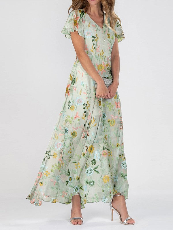 Robe Maxi Florale Eva | Manches Courtes, Élégance Printanière 0