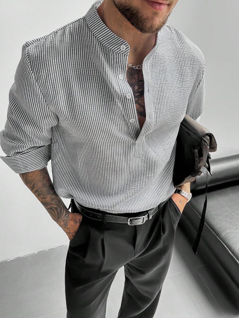 Chemise Col Mao à Rayures Sacha Homme | Manches Longues, Motif Rayé 3