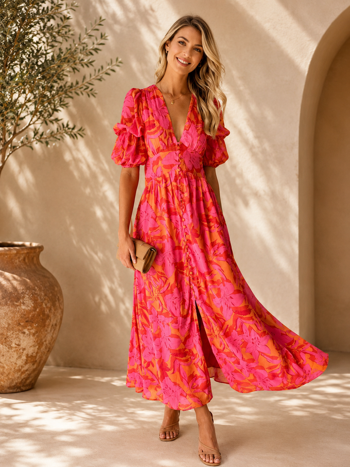 Robe Bohème Clémence | Imprimé Fluide, Col V, Manches Légères 0